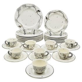 Emilia Castillo Porcelain & Pure Silver Dinnerware Set for 8, Parrot & Dragonfly
