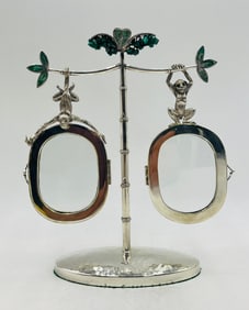 Emilia Castillo Silver-plated “Monkey” Double Picture Frame Holder with Emerald Inlay,