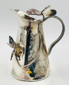 Los Castillo Silverplate Pitcher, Butterfly Inlay, Malachite Handle, Taxco Mexico