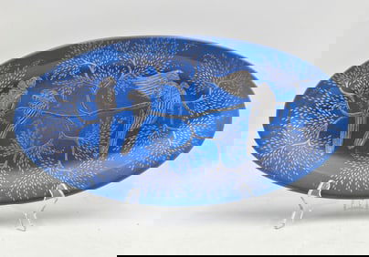 Emilia Castillo Blue Porcelain and Silver Parrot Platter, Mexico 1994