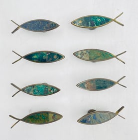 Set of 8 Los Castillo Brass & Malachite Fish Form Door Pulls, Taxco Mexico, 1950s