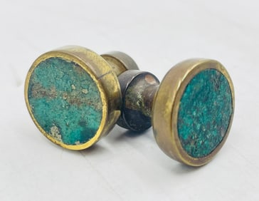 Pair of Los Castillo Brass & Natural Stone Inlay Round Door Pulls, Taxco Mexico, 1950s