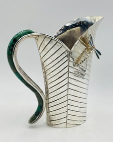 Emilia Castillo Mexican Silver Pitcher with Malachite Inlay Handle & Lapis Lazuli Dragonfly