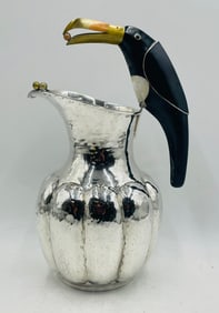 Los Castillo 1960s Mexican Silver Tucán Water Pitcher with Onyx & Jasper Inlay, Signed