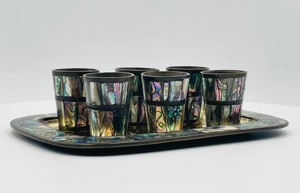Mexican Brass & Abalone Shot Glass Set with Serving Tray, 7 Pieces