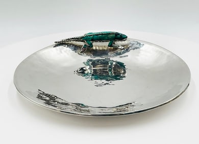 Emilia Castillo Silver-Plated Platter with Malachite Lizard, Signed