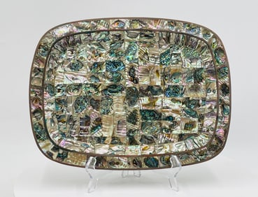 Mid-Century Brass & Abalone Mosaic Serving Tray, Mexican Modernism