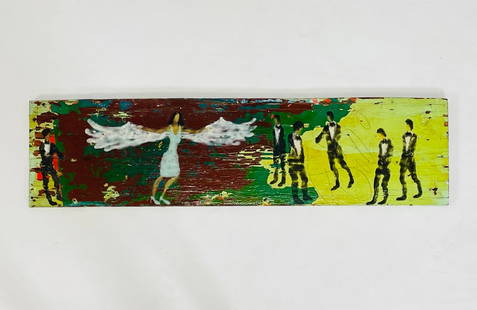 Folk Art/Outsider Painting on Wood by Scott Griffin (Canada 1970) Titled "Angel": A painting by Canadian artist Scott Griffin, titled "Angel". Griffin, born in 1970, is a self-taught artist known for his work on found materials, often depicting figures in simple, expressive forms.