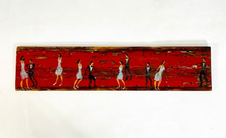 Folk Art Painting on Wood by Scott Griffin (Canada 1970) Titled "Return to Red Carpet"