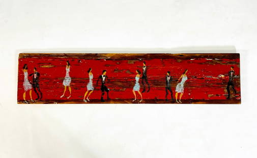 Folk Art Painting on Wood by Scott Griffin (Canada 1970) Titled "Return to Red Carpet": Original painting by Canadian artist Scott Griffin (Canada 1970), titled "Return to Red Carpet" painted in 2008. It is painted on a piece of salvaged lumber and depicts a series of figures, some in pa