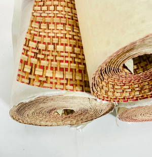 Set of 3 Rolls of Raffia Wall Covering by Gregorius Pineo for Kneedler-Fauchere, PW-21: Set of 3 rolls of 2 tone raffia wall covering/wall paper designed by Gregorius Pineo and manufactured in Japan by Kneedler-Fauchere. Large basket-weave deign item # PW-21 Run #2567 & 2370, the third