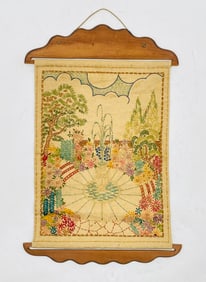 Vintage Hand-Embroidered Garden Scene Wall Hanging