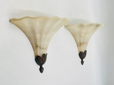 Pair of Alabaster and Bronze Wall Sconces, Circa 2005
