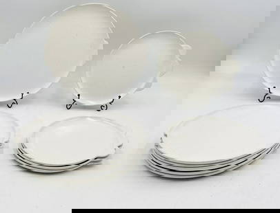 Set of 10 SSS x LG White Speckled Stoneware Plates: Minimalist stoneware plate set by SSS × LG. Includes 6 large dinner plates and 4 smaller side plates. Subtle off-white glaze with natural brown speckling and sculptural tab handles. Dishwasher and mi