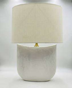 "Cenotes" Table Lamp With Linen Shade by Visual Comfort: A striking sculptural table lamp by Visual Comfort, part of their “Cenotes” collection. The organically shaped ceramic base features a smooth matte white finish with subtle texture, evoking th