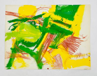 Nick Barberi, Abstract Expressionist Mixed Media Work, Signed: Dynamic and colorful abstract painting by artist Nick Barberi, executed in mixed media on paper. Bold strokes of green and yellow acrylic blend with red and ochre pastel marks in a vivid, gestural