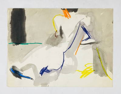 Nick Barberi, Abstract Watercolor and Pastel Composition,: Original abstract painting by American artist Nick Barberi, executed in watercolor and pastel on paper. The composition features gestural strokes of charcoal black, slate gray, electric blue, yellow,