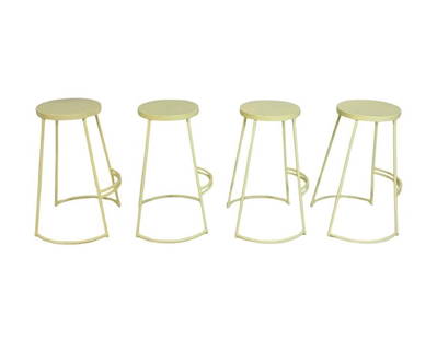 Set of 4 "Hula" Bar Stools by Jonathan Y, Modern Powder-Coated Metal: Set of four stylish and contemporary bar stools designed by Jonathan Y, known for his clean, functional forms and modern aesthetic. These stools feature round seats and slender powder-coated metal