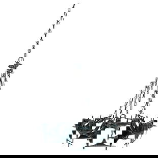 1970s Brutalist Modernist Wrought Iron Chandelier with Geometric Design: A striking Brutalist Modernist chandelier handcrafted in wrought iron, dating from the 1970s. This sculptural fixture features bold geometric panels and sweeping curves that embody the raw,