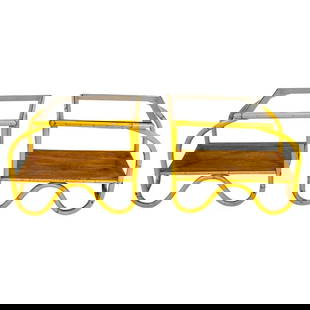 Pair of Bentwood & Glass Side Tables, USA 1950's: A charming pair of Mid-Century Modern side tables crafted from bent bamboo with inset glass tops and lower wood shelves. Designed with an elegant organic flow, each table features sculptural