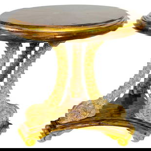 Handcrafted Round Center Table with Carved Gilt Dolphins, Attributed to Valentino: Striking round center table featuring a radiant sunburst veneered wood top and an ornate sculptural base with three hand-carved dolphin figures. Each dolphin is intricately detailed and finished in ru
