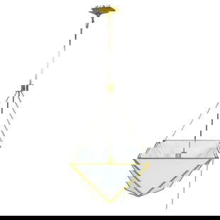"Lorino" Chandelier in Brass & White Glass by Julie Neill for Visual Comfort: An ode to geometry, Julie Neill's "Lorino' fixtures suggest the faceted forms of gems. The larger top square and smaller bottom square are joined by a series of syncopated triangles, creating a dialog