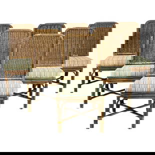 Set of 6 Dining Chairs by The Fong Brothers, Los Angeles: Set of six dining chairs in rattan and whicker designed and manufactured in Los Angeles California by The Fong Brothers company. The pieces are very comfortable, they can be used indoors or outdoors.