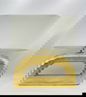 Kelly Wearstler "Utopia" Combed Console Table Lamp for Visual Comfort: A sculptural statement in lighting design, the "Utopia" Console Lamp by Kelly Wearstler for Visual Comfort features a bold, arched silhouette with a heavily textured “combed&rdquo; surface in a rich