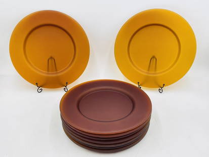 Set of 10 Frosted Rust-Colored Glass Charger Plates: A striking set of 10 round charger plates crafted from frosted glass in warm autumnal tones of amber and rust. Featuring a subtle translucent finish and smooth matte texture, these plates bring a refi