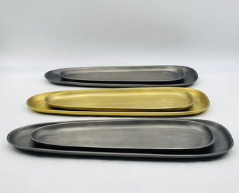 Set of 6 Modern Elongated Metal Trays in Brass and Antique Nickel Finishes