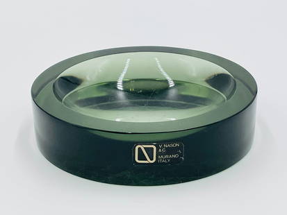 Murano Sommerso Glass Lens Bowl by Vincenzo Nason, Italy: A sleek and sculptural Murano glass bowl designed by Vincenzo Nason for V. Nason & C., Italy. Crafted in thick green sommerso glass, the piece features a domed, magnifying lens-like interior and a min