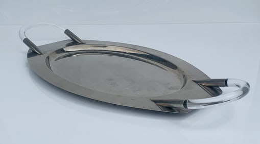 Mid-Century Modern Oval Serving Tray with Lucite Handles