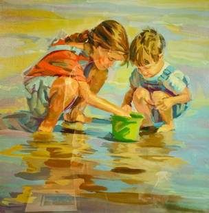 Lucelle Raad (American, b. 1942) "Snails" Signed Serigraph, 51/100: Charming limited edition serigraph titled "Snails" by American artist Lucelle Raad (b. 1942), known for her tender depictions of childhood. This colorful print captures two young children playing in