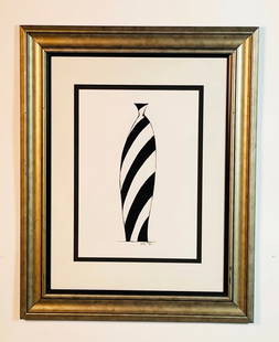 Monochrome Graphic Art Print by Jennifer Lynn, Framed: Striking black and white graphic print by artist Jennifer Lynn, featuring a tall, stylized vase with bold diagonal stripes. The minimalist composition and clean lines create a strong visual impact,