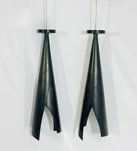 Pair of Kelly Wearstler for Visual Comfort Pendant Lights in Dark Bronze: Striking pair of modern pendant lights designed by Kelly Wearstler for Visual Comfort. These sculptural fixtures feature a dark bronze finish and a bold, elongated conical silhouette with open cutaway