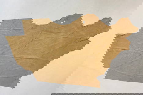 Light Brown Leather Hide: Brown leather hide, unmarked. Measurements: 87 inches long x 55 inches wide. (all measurements are approximate and to the widest and longest points) All items are sold as is. The auction house