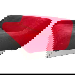 Waterfall Bear Sofa With Illuminated Base by Charles Hollis Jones, Signed & Dated: Vintage three seater sofa designed and manufactured in the USA in the 1970s by Mr Lucite, Charles Hollis Jones and part of the Waterfall Bear Collection.The sofa is upholstered in the original red fab