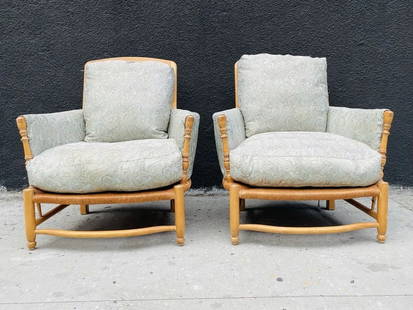 Pair of Country Rush Lounge Chairs by Charles Pollock Reproductions: Large pair of Lounge chairs made in Los Angeles by Charles Pollock Reproductions Inc.Measurements:33.50 inches wide x 38 inches deep x 37.25 inches high x 17 seat height x 23.50 inches arm height.All