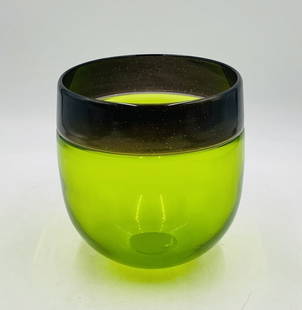 Vintage Studio Glass Vase by Correia Art Glass, Signed & Dated 1999: Beautiful studio glass vase designed and manufactured in Venice California by Steven Correia from Correia Art Glass. The piece has a beautiful green color with a silver band on the rim. Signed and