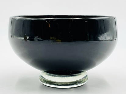 California Studio Art Glass Bowl by Correia Art Glass, Signed & Dated 2003: Stunning and large studio art glass bowl by Correia art glass of Santa Monica California. The bowl is black in color, signed and dated 2003. Measurements: 7.25 inches in diameter x 4.75 inches