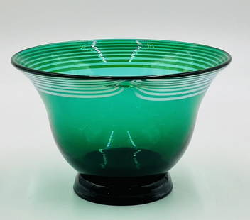 Hand Blown Studio Glass Bowl by Correia, Signed & Dated: Beautiful art glass vase designed and manufactured by Correia Glass. The piece has a beautiful Turquoise color with a silver pulled feather detail around the rim. The piece is signed and dated