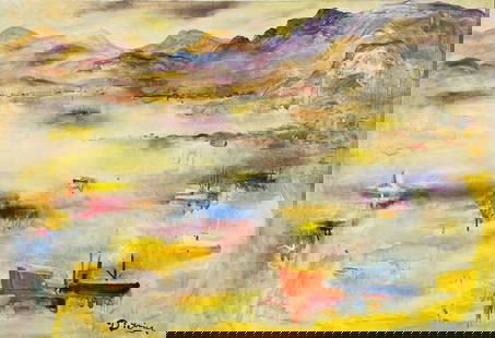 Large Oil on Canvas Painting by Dietrich Grunewald, (US 1916-2003) Signed, titled: Large oil on canvas by Dietrich Grunewald (1916-2003) titled Port of Guaymas, Mexico.Signed and titled.This piece is one of the largest pieces we have seen by this artist.Unframed.Measurements: