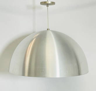 Vintage Style Chandelier in Spun Aluminum: Vintage style chandelier made in spun aluminum with white interior.The piece is marked "Generation Brands" from Skokie, Illinois.Measurements:24 inches in diameter x 21 inches total height.A