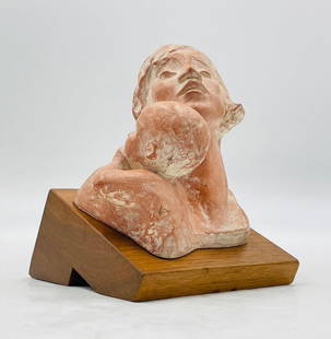 Mother & Child Sculpture by Elaine Geisinger, USA 1971: Original sculpture by American artist Elaine Geisinger done in 1971. The piece depicts a loving mother cradling her child while the baby lays his head on her shoulder. The piece is signed. Measurement