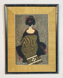Figural Woodblock By Kiyoshi Saito (Japan 1907-1997) Titled "Maiko III" Signed.: Kiyoshi Saito (Japanese, 1907 – 1997) Maiko III, circa 1960 Woodblock on paper Signed to lower left. Measurements: 21 inches high x 16 inches wide x .75 inched deep/projection from the wall. 
