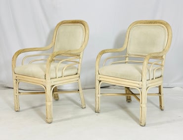Pair of Vintage Rattan Lounge Armchairs with Cream Upholstery, Coastal Modern Style