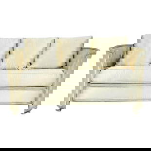 French Style Settee in Sill Upholstery and Silvered Frame: Stunning settee in the French style, having rounded shape, upholstered in a silk fabric and a silvered frame.The cushion is detached from the frame and it comes with three back pillows.Measurements:60