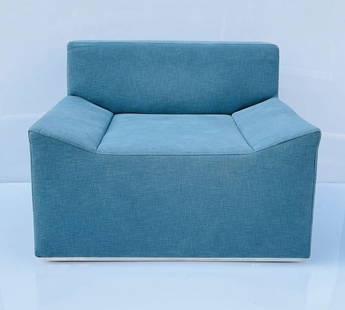 Modern Lounge Chair with Stainless Steel Plinth Base: Beautifully simple shapes with a polished stainless steel base. Couchoid.This chair is guaranteed to be more aerodynamic than your old lounge chair.Measurements:37 inches wide x 34 inches deep x 28 in