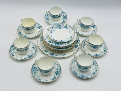 24 pieces dinner ware by Crafton China BAJ and Sons England: The set includes 7 teacups, 8 saucers 8 bread or salad plates and 1 dinner plate. Measurements; Cups; 3 inches diameter x 2.50 inches high. Saucers; 5.50 inches in diameter x .75 inches high.