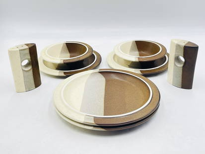 Agate Pass Dishes, Salt & Pepper Shakers by Jim McBride for Fabrik: 8 piece dinnerware service designed by Jim McBride in the 1970s and produced by Fabrik. The set includes a salt & pepper shaper set, 2 soup bowls, 2 salad plates and 2 dinner plates. 